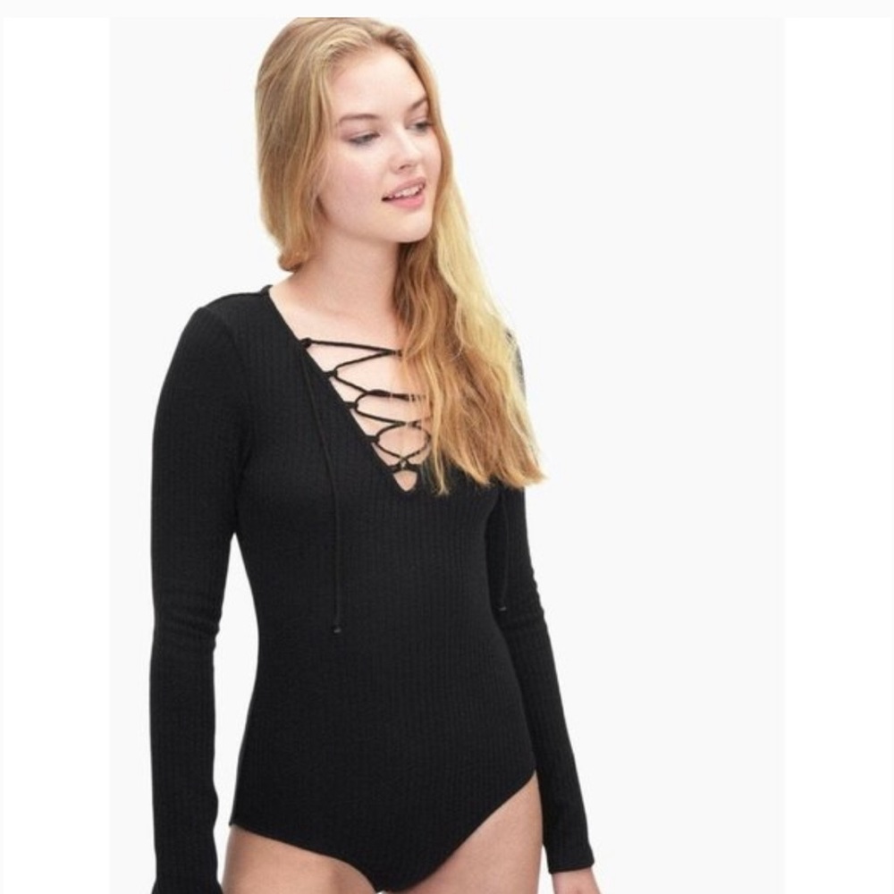 Splendid Sylvie Lace Up Ribbed Bodysuit black